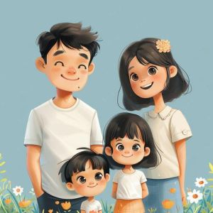 母亲一儿一女温馨卡通图片_温馨家庭卡通风画，适合儿童房，送亲友的暖心礼物